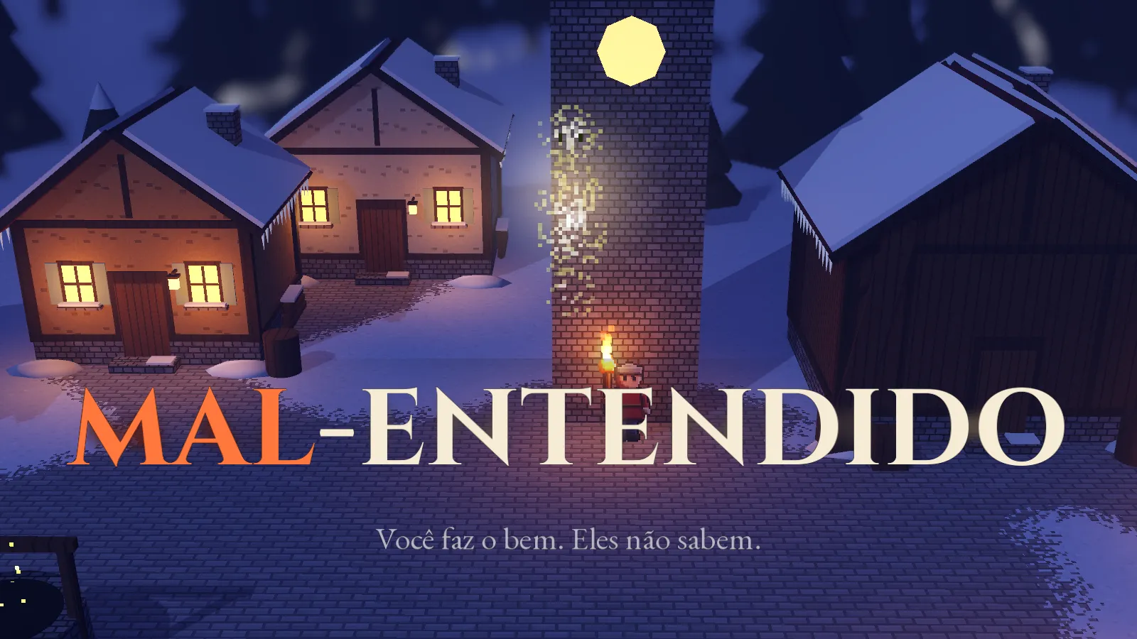 Tela de título de Mal-Entendido: uma vila de montanha coberta de neve à noite, com janelas acesas, um poço e aldeões com tochas.