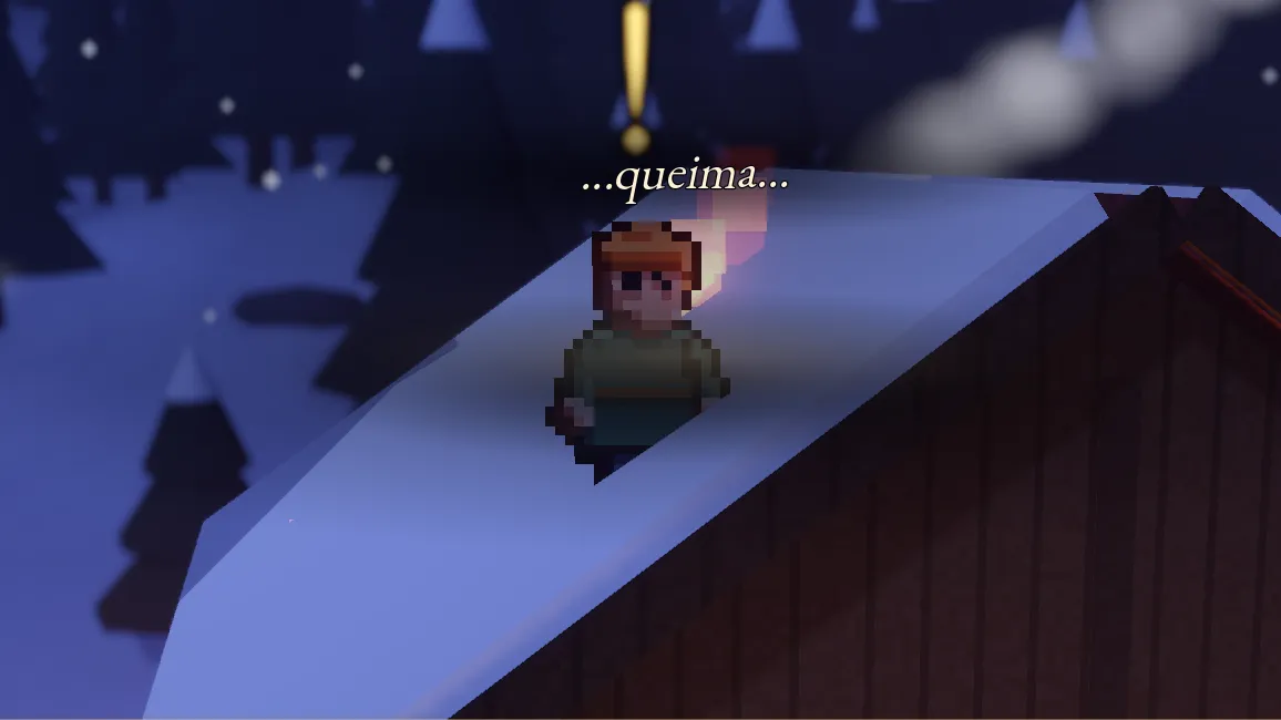 Íris, uma menina de cabelo ruivo, em cima do telhado nevado do celeiro, enquanto uma voz sussurra "...queima..." no alto da tela.