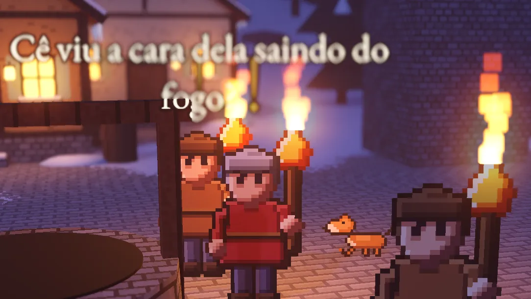 Aldeões com tochas acesas conversando perto do poço, e um deles pergunta: "Cê viu a cara dela saindo do fogo?".